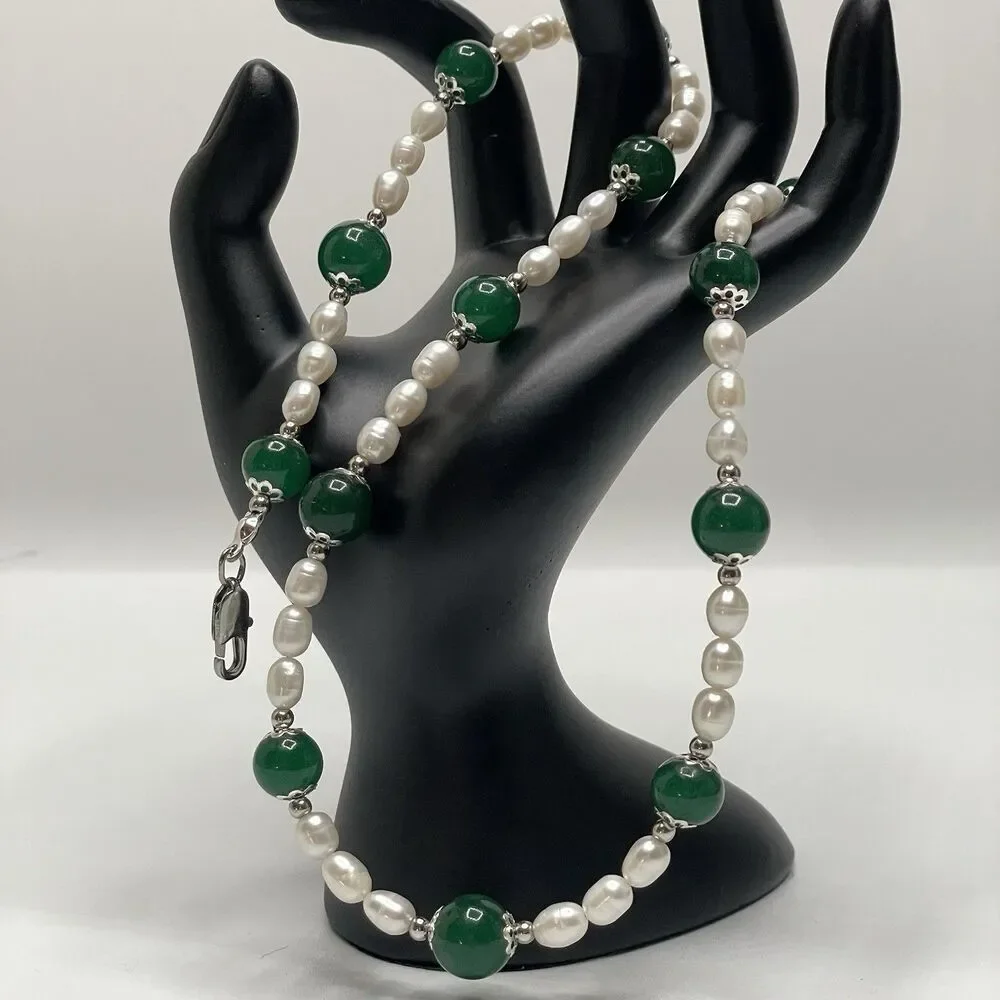Artisan Handcrafted Emerald Green Gemstone Freshwater Pearl Beaded Necklace